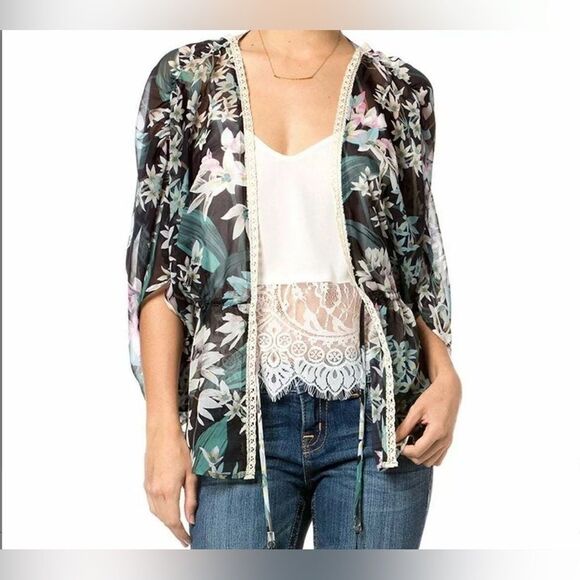 Miss Me Green tropical Floral Print Sheer Kimono Cardigan - Picture 3 of 11